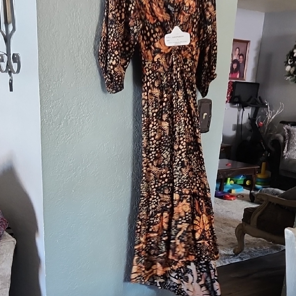 Angie Black and Orange Patterned Midi Dress